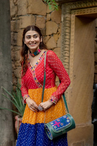Multi Colour Premium Georgette 3-Layer Ruffle Anarkali Gown with Mirror Work ClothsVilla
