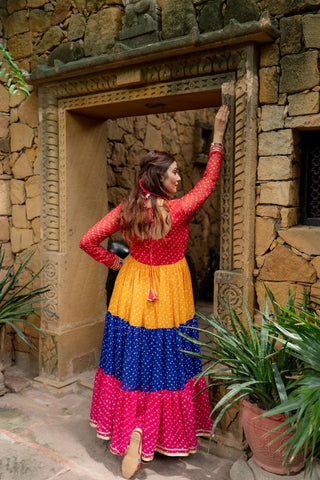 Multi Colour Premium Georgette 3-Layer Ruffle Anarkali Gown with Mirror Work ClothsVilla