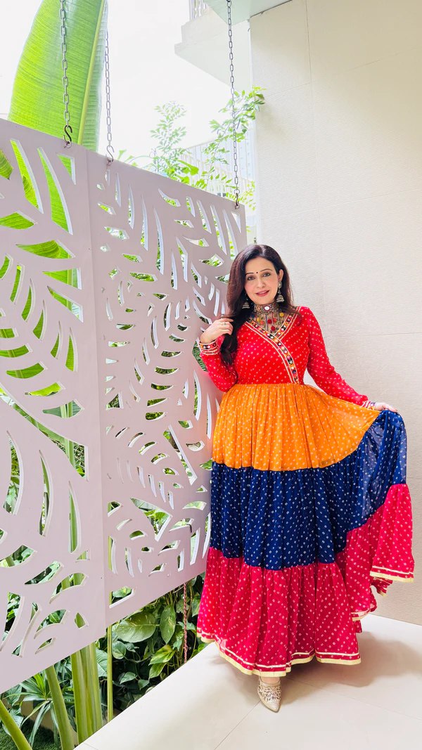 Multi Colour Premium Georgette 3-Layer Ruffle Anarkali Gown with Mirror Work ClothsVilla