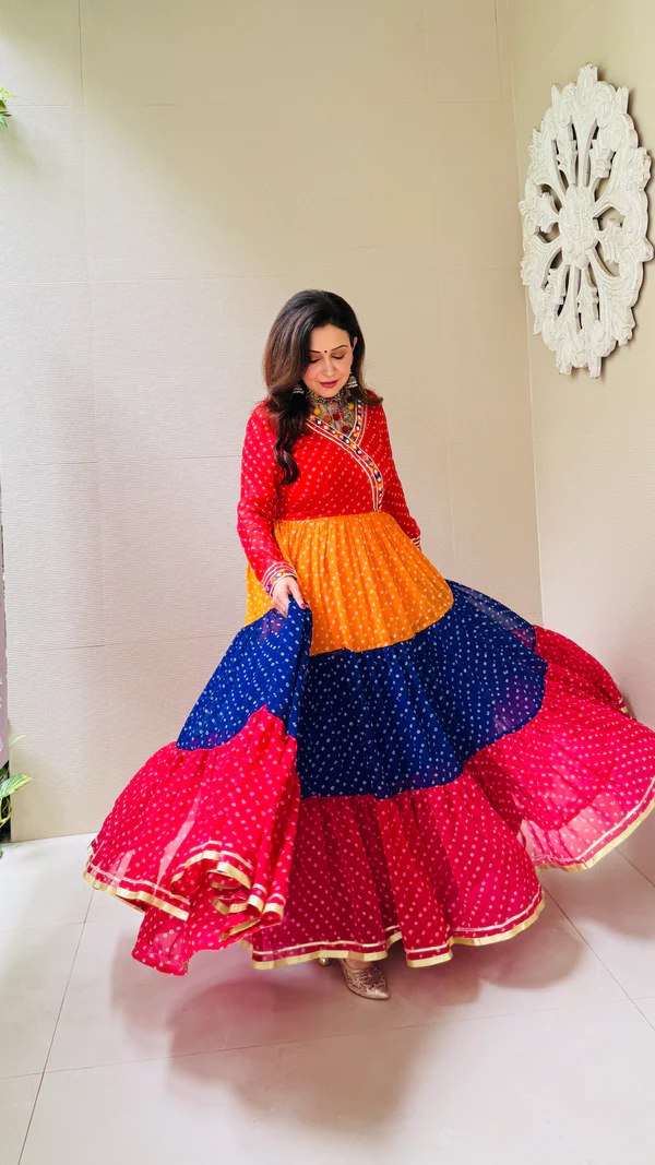 Multi Colour Premium Georgette 3-Layer Ruffle Anarkali Gown with Mirror Work ClothsVilla