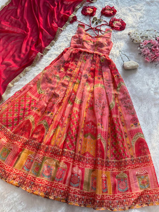 Multi Colour Premium Jimmy Organza Silk Digital Printed Anarkali Gown with Designer Georgette Dupatta ClothsVilla