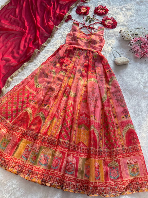 Multi Colour Premium Jimmy Organza Silk Digital Printed Anarkali Gown with Designer Georgette Dupatta ClothsVilla