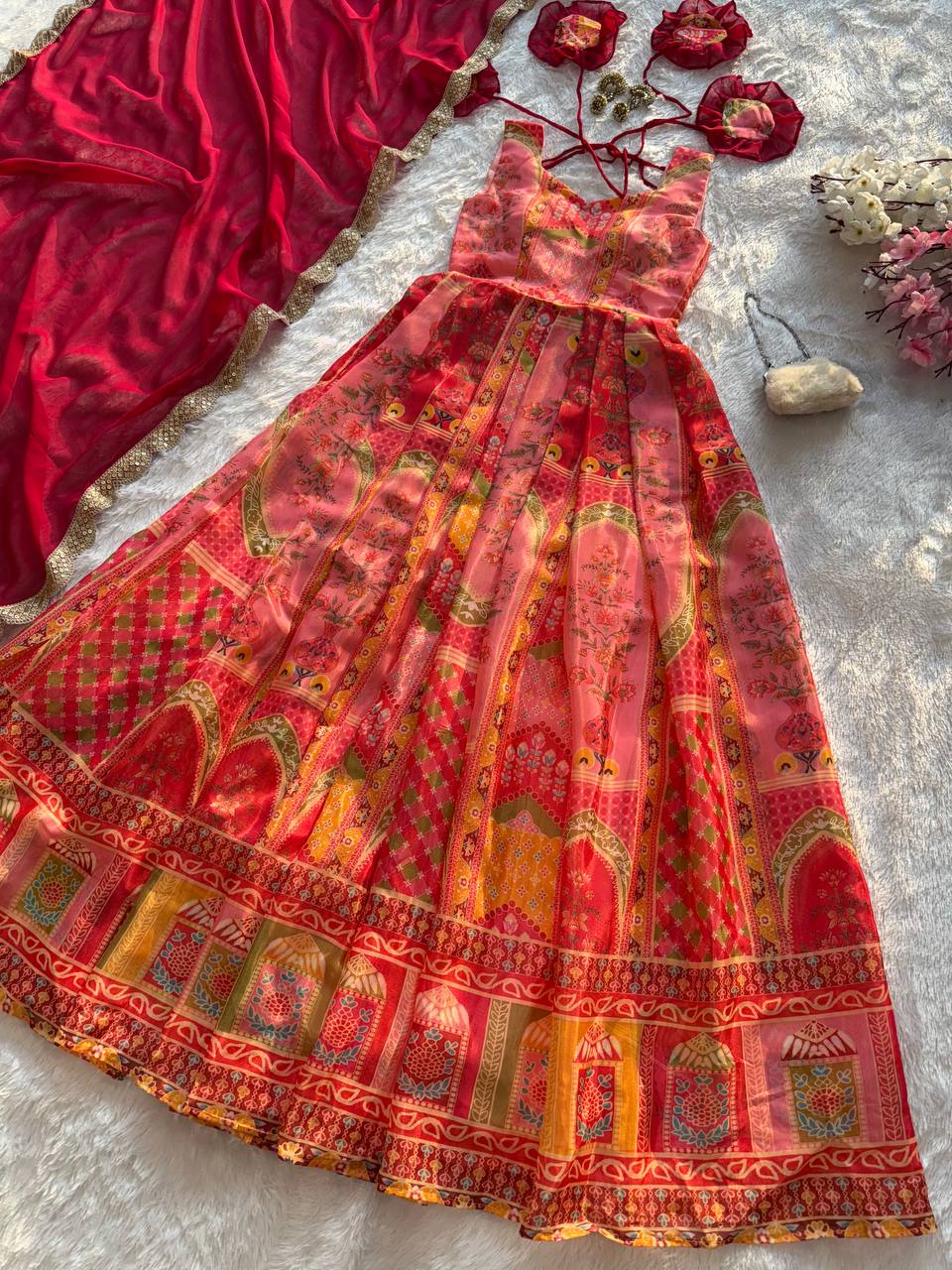 Multi Colour Premium Jimmy Organza Silk Digital Printed Anarkali Gown with Designer Georgette Dupatta ClothsVilla