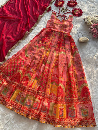 Multi Colour Premium Jimmy Organza Silk Digital Printed Anarkali Gown with Designer Georgette Dupatta ClothsVilla