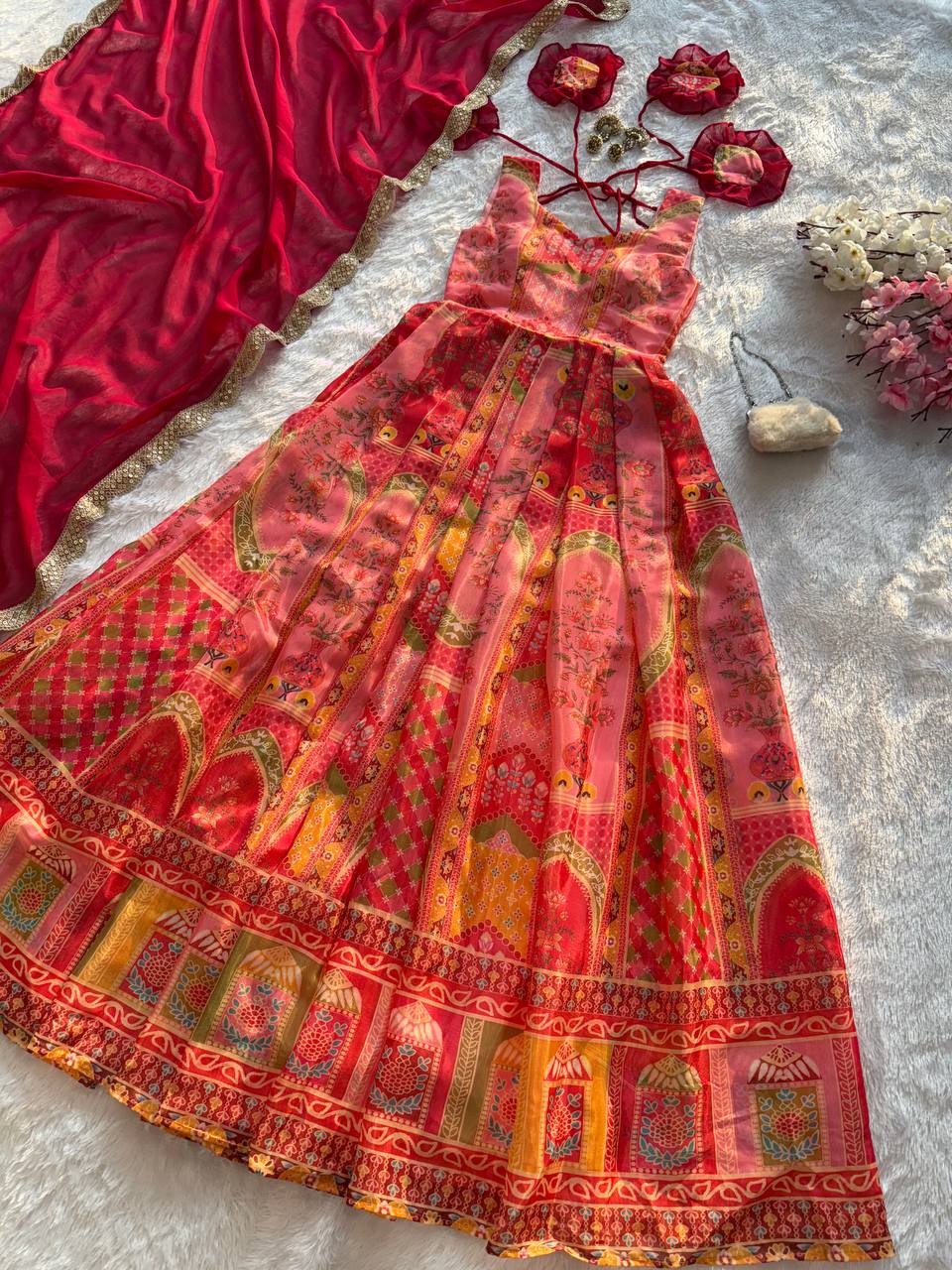 Multi Colour Premium Jimmy Organza Silk Digital Printed Anarkali Gown with Designer Georgette Dupatta ClothsVilla