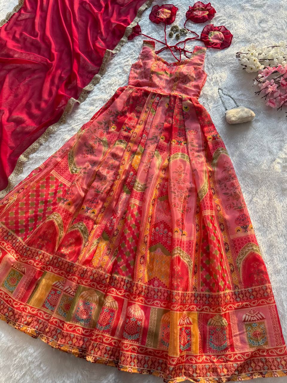 Multi Colour Premium Jimmy Organza Silk Digital Printed Anarkali Gown with Designer Georgette Dupatta ClothsVilla