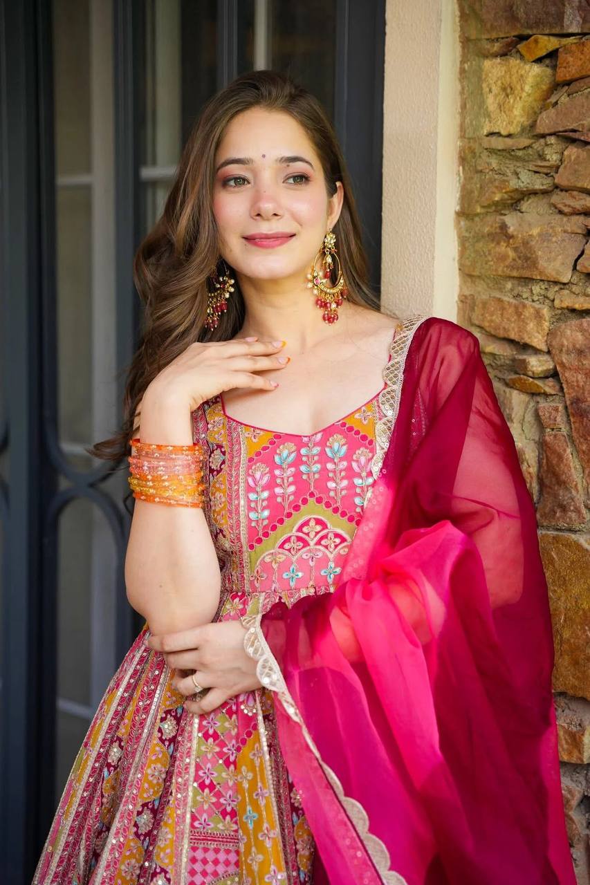 Multi Colour Premium Jimmy Organza Silk Digital Printed Anarkali Gown with Designer Georgette Dupatta ClothsVilla