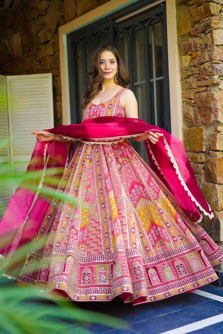 Multi Colour Premium Jimmy Organza Silk Digital Printed Anarkali Gown with Designer Georgette Dupatta ClothsVilla
