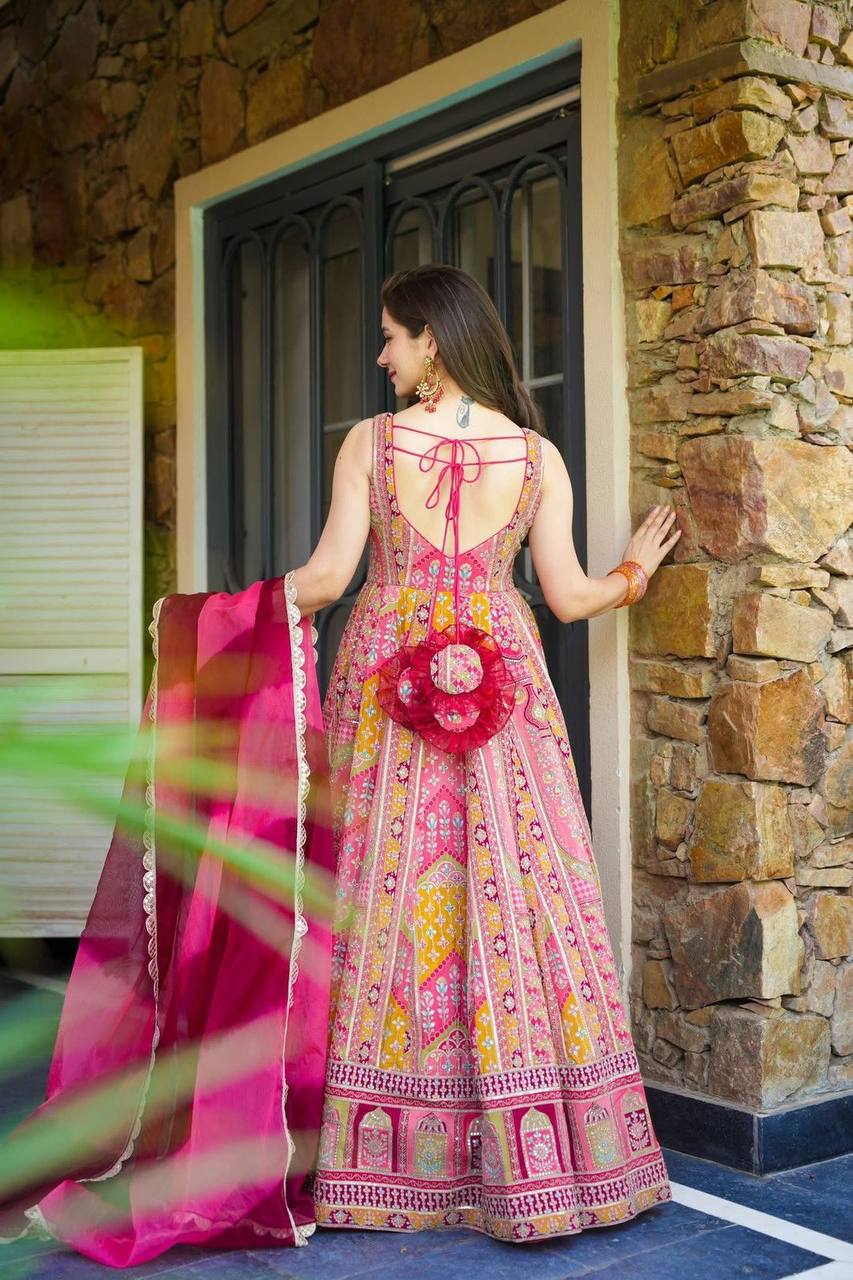 Multi Colour Premium Jimmy Organza Silk Digital Printed Anarkali Gown with Designer Georgette Dupatta ClothsVilla