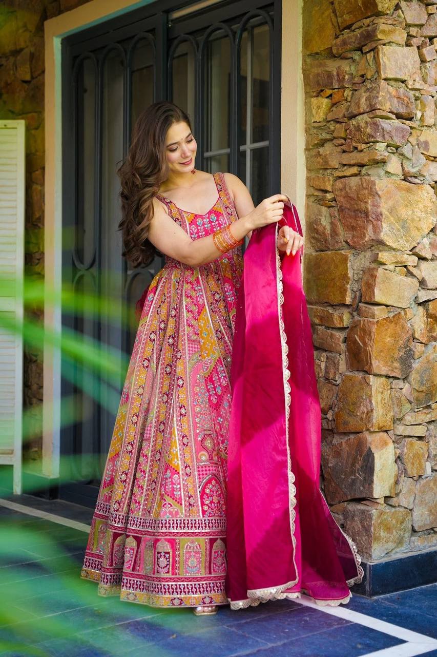 Multi Colour Premium Jimmy Organza Silk Digital Printed Anarkali Gown with Designer Georgette Dupatta ClothsVilla