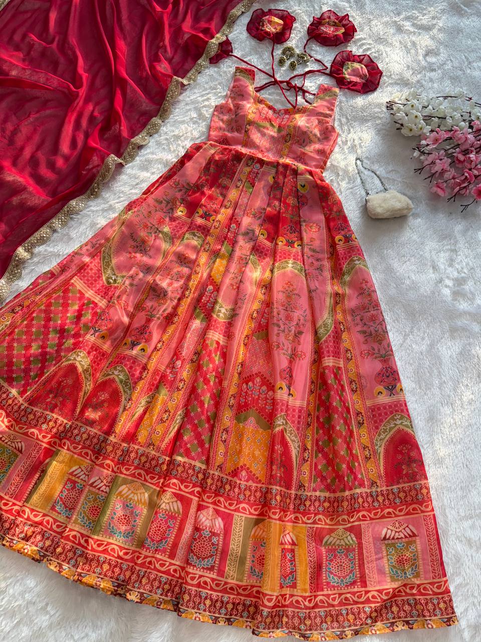 Multi Colour Premium Jimmy Organza Silk Digital Printed Anarkali Gown with Designer Georgette Dupatta ClothsVilla