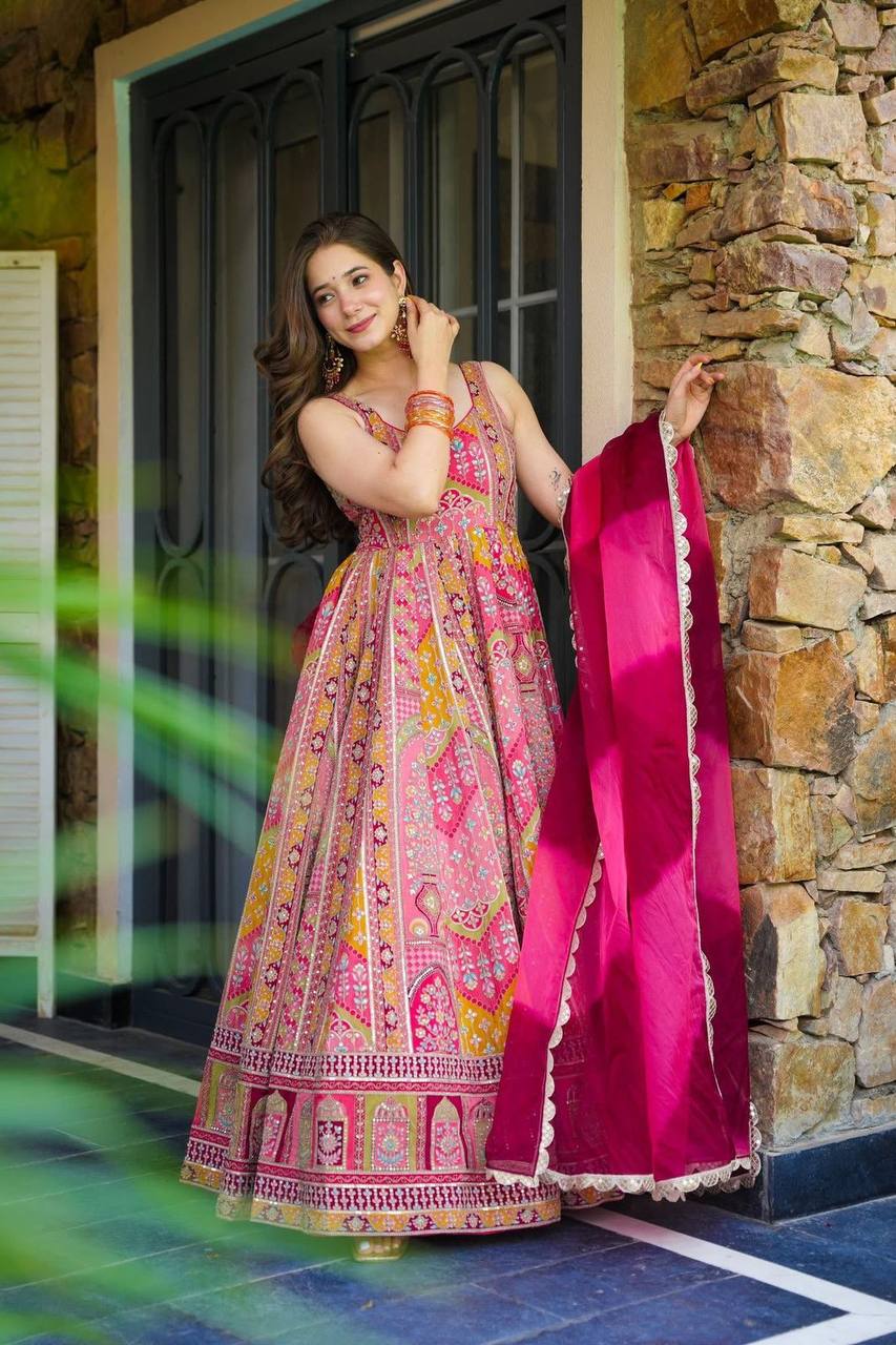 Multi Colour Premium Jimmy Organza Silk Digital Printed Anarkali Gown with Designer Georgette Dupatta ClothsVilla