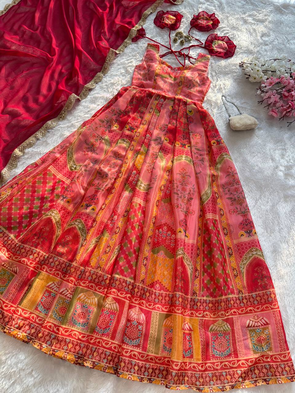 Multi Colour Premium Jimmy Organza Silk Digital Printed Anarkali Gown with Designer Georgette Dupatta ClothsVilla