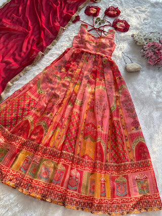 Multi Colour Premium Jimmy Organza Silk Digital Printed Anarkali Gown with Designer Georgette Dupatta ClothsVilla