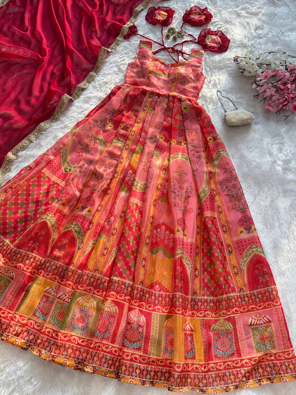 Multi Colour Premium Jimmy Organza Silk Digital Printed Anarkali Gown with Designer Georgette Dupatta ClothsVilla