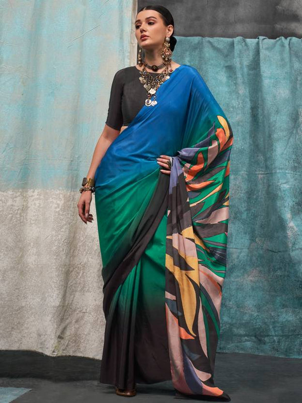 Multi Colour Printed Chanderi Crepe Saree with Unstitched Blouse ClothsVilla