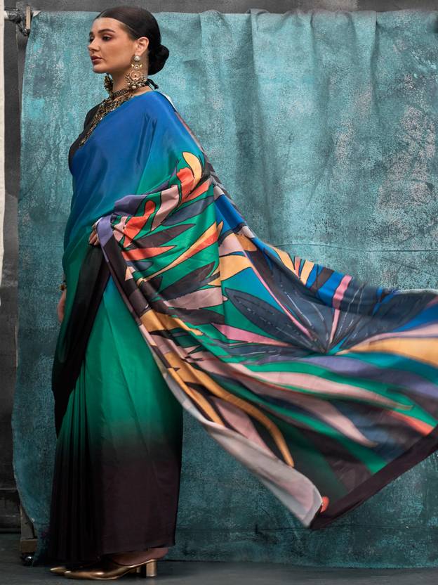 Multi Colour Printed Chanderi Crepe Saree with Unstitched Blouse ClothsVilla