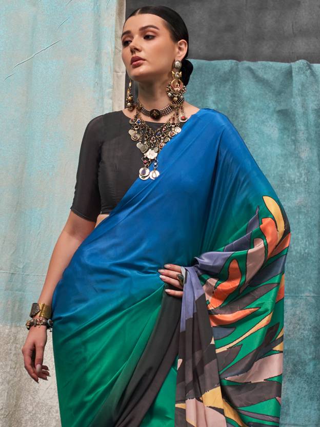 Multi Colour Printed Chanderi Crepe Saree with Unstitched Blouse ClothsVilla