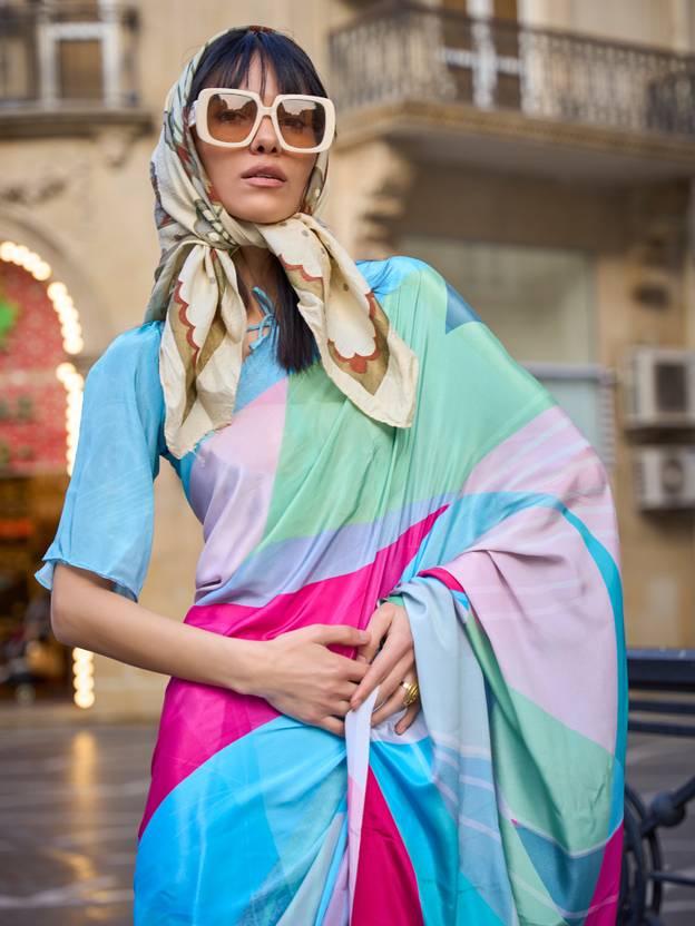 Multi Colour Printed Elegant Crepe Silk Saree with Digital Print – Party & Traditional Wear ClothsVilla