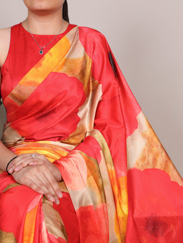 Multi Colour Satin Silk Printed Saree ClothsVilla