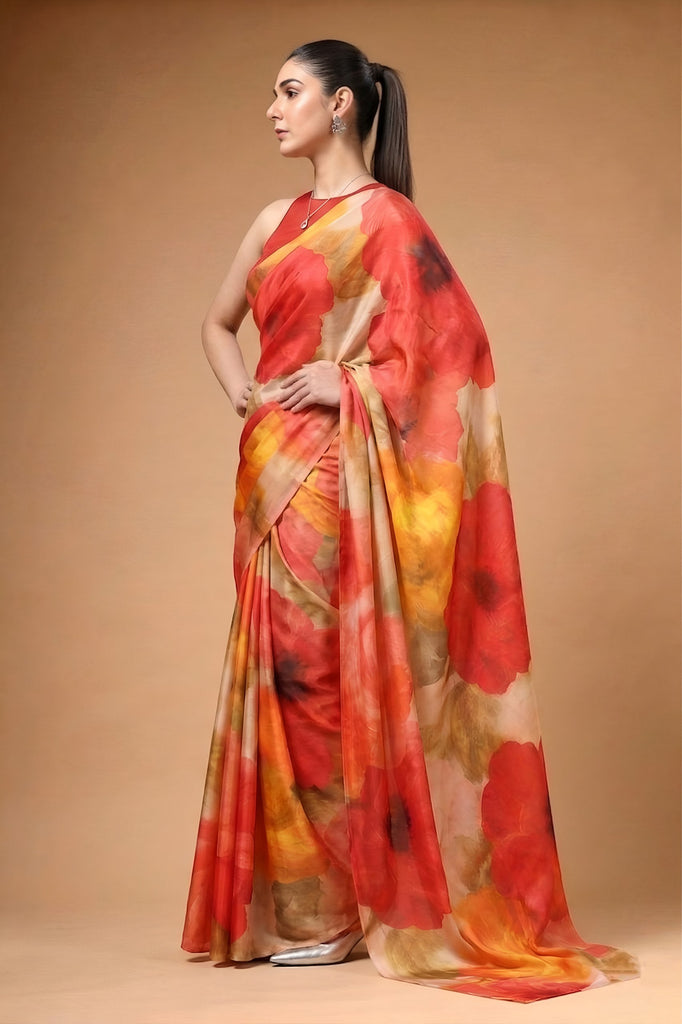 Multi Colour Satin Silk Printed Saree ClothsVilla