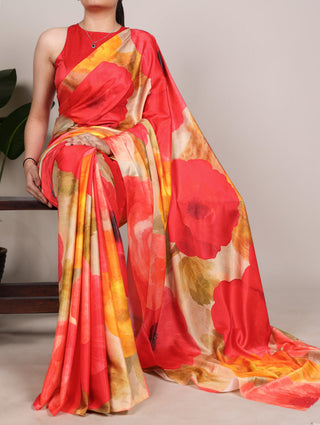 Multi Colour Satin Silk Printed Saree ClothsVilla