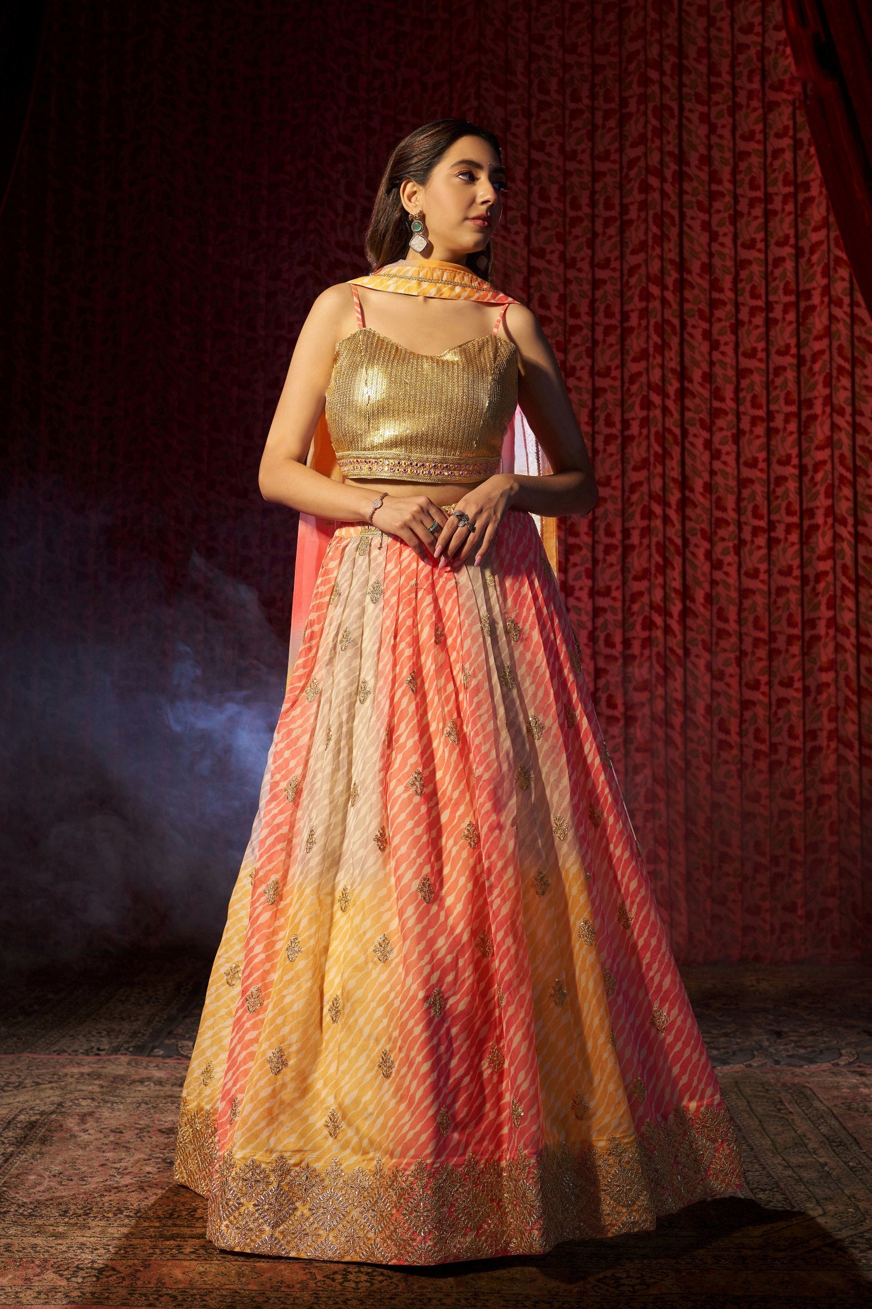 Multi Colour Semi-Stitched Organza Lehenga Choli with Sequins Embroidered Blouse & Printed Dupatta Secondary image