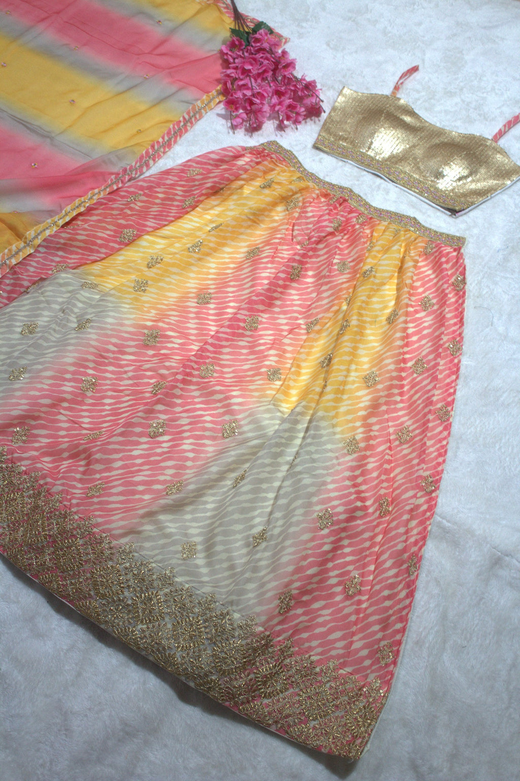 Multi Colour Semi-Stitched Organza Lehenga Choli with Sequins Embroidered Blouse & Printed Dupatta ClothsVilla
