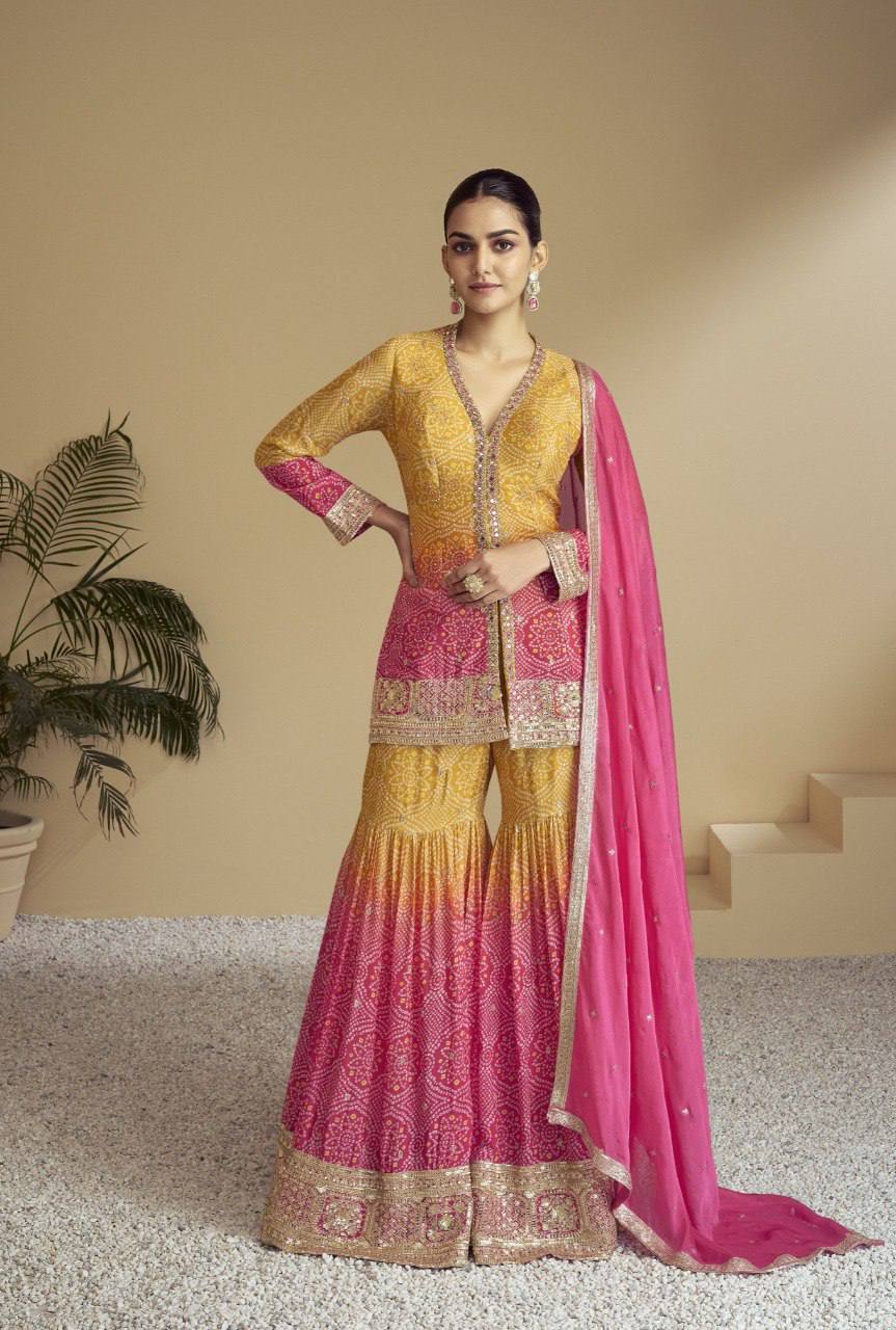 Multi Colour Stylish Embroidered Chinon Top & Plazo Set with Dupatta ClothsVilla Main image