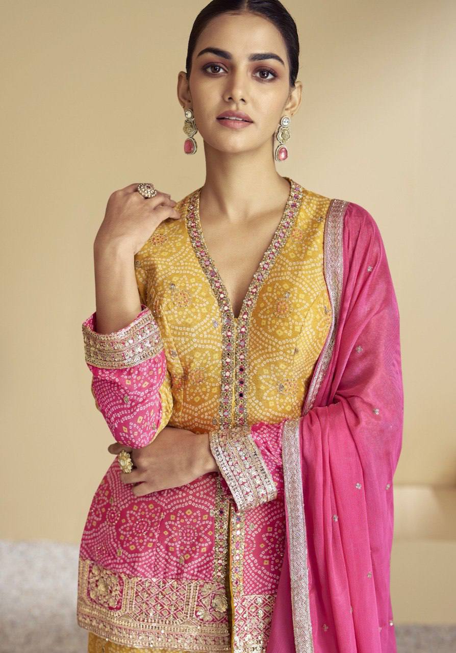 Multi Colour Stylish Embroidered Chinon Top & Plazo Set with Dupatta ClothsVilla