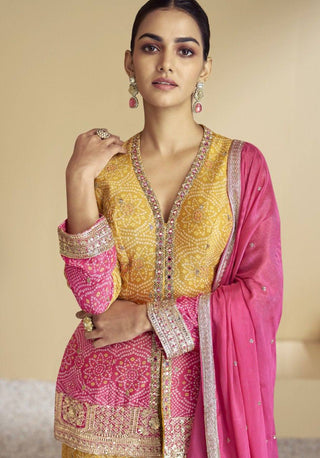 Multi Colour Stylish Embroidered Chinon Top & Plazo Set with Dupatta ClothsVilla