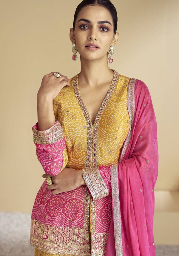 Multi Colour Stylish Embroidered Chinon Top & Plazo Set with Dupatta ClothsVilla