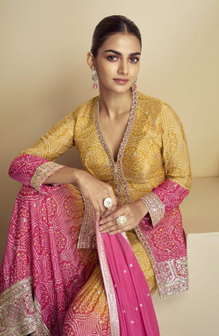 Multi Colour Stylish Embroidered Chinon Top & Plazo Set with Dupatta ClothsVilla