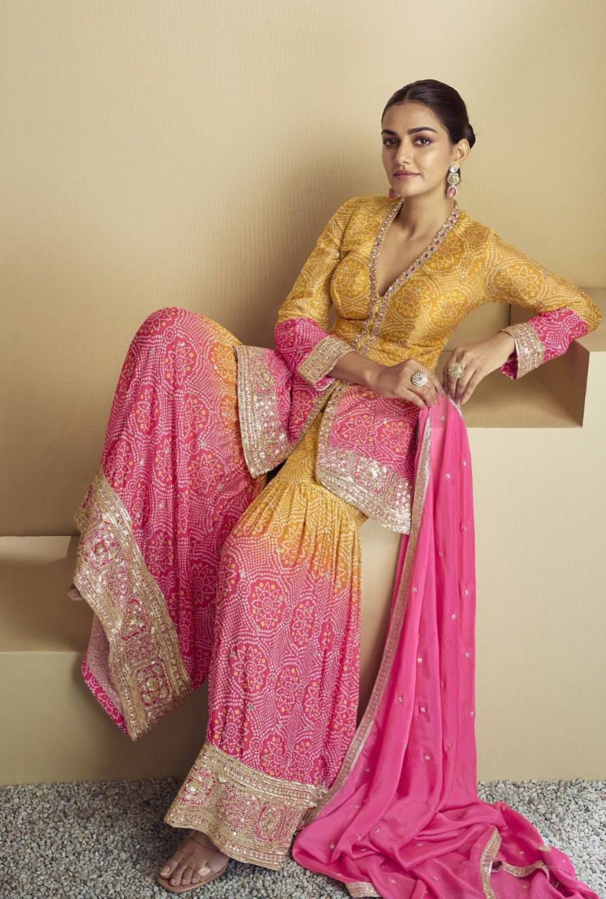 Multi Colour Stylish Embroidered Chinon Top & Plazo Set with Dupatta ClothsVilla