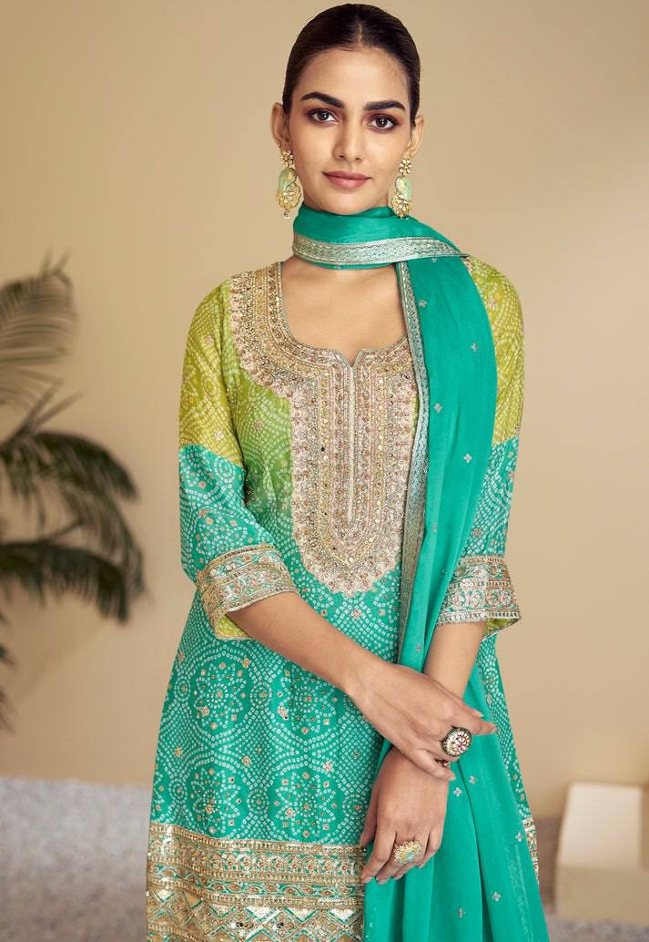 Multi Colour Stylish Embroidered Chinon Top & Plazo Set with Dupatta ClothsVilla