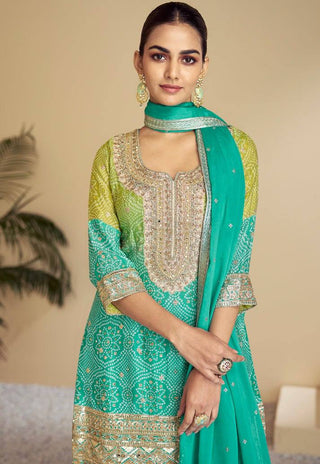 Multi Colour Stylish Embroidered Chinon Top & Plazo Set with Dupatta ClothsVilla