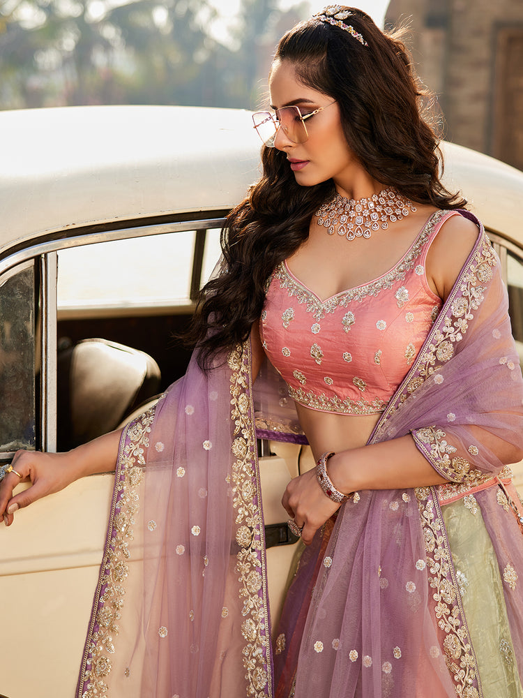 Multi colour Tissue Sequinse embroidery Semi-Stitched Lehenga choli & Dupatta ClothsVilla