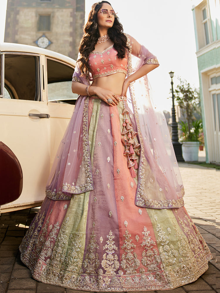 Multi colour Tissue Sequinse embroidery Semi-Stitched Lehenga choli & Dupatta ClothsVilla