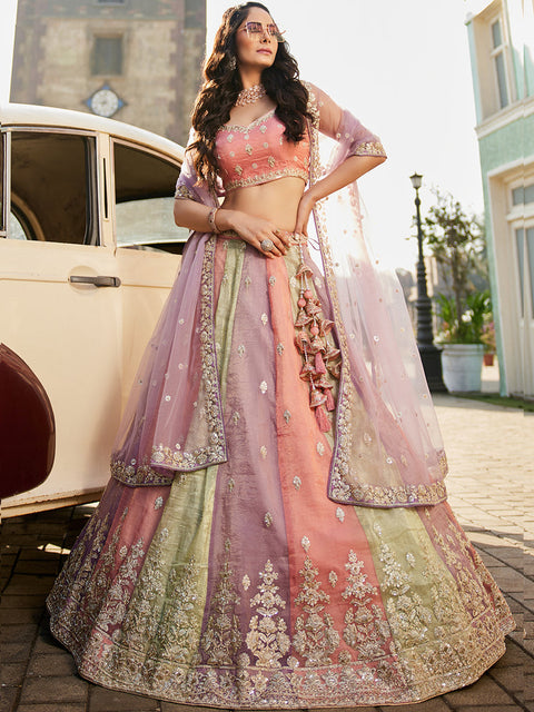 Multi colour Tissue Sequinse embroidery Semi-Stitched Lehenga choli & Dupatta ClothsVilla Main image