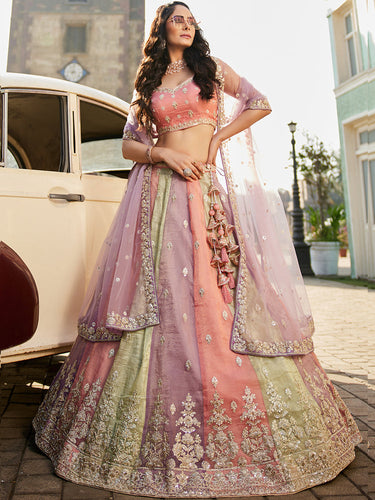Multi colour Tissue Sequinse embroidery Semi-Stitched Lehenga choli & Dupatta ClothsVilla