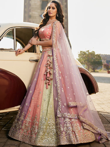 Multi colour Tissue Sequinse embroidery Semi-Stitched Lehenga choli & Dupatta ClothsVilla