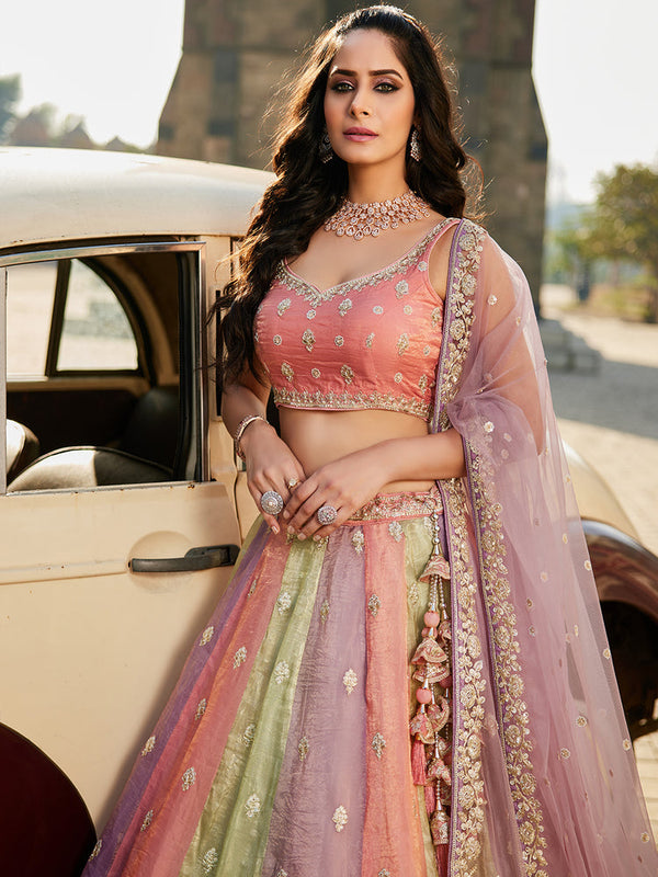 Multi colour Tissue Sequinse embroidery Semi-Stitched Lehenga choli & Dupatta ClothsVilla