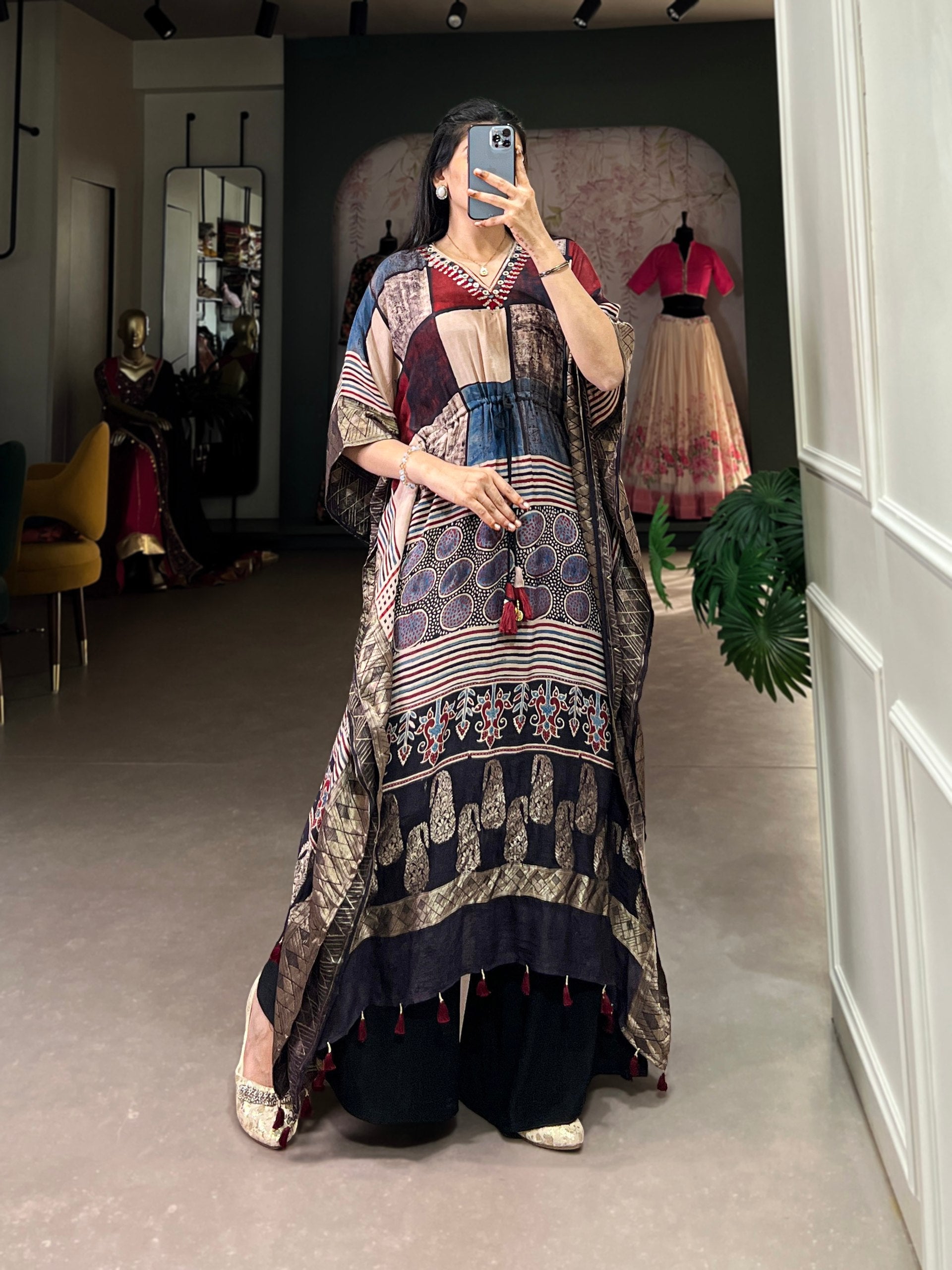 Multi Elegant Pure Viscose Handwork Kaftan with Zari Border ClothsVilla