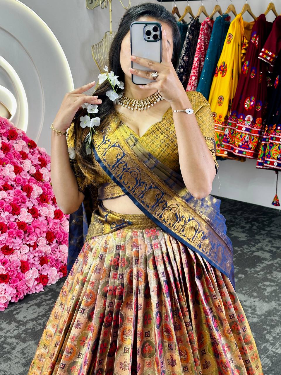 Multi Regal Banarasi Zari Silk Semi-Stitched Lehenga Choli Set with Dupatta ClothsVilla