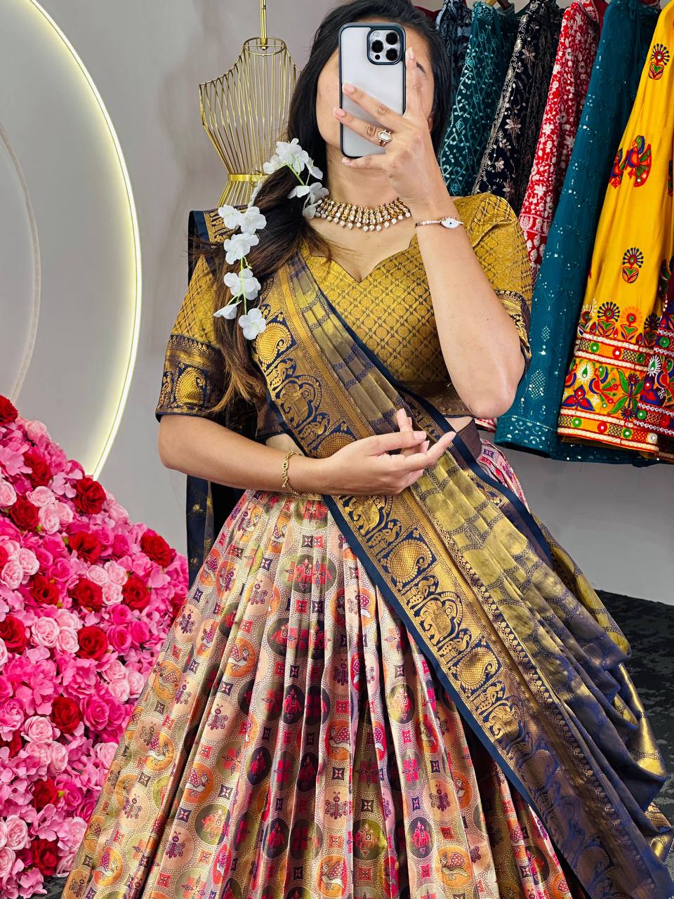 Multi Regal Banarasi Zari Silk Semi-Stitched Lehenga Choli Set with Dupatta ClothsVilla
