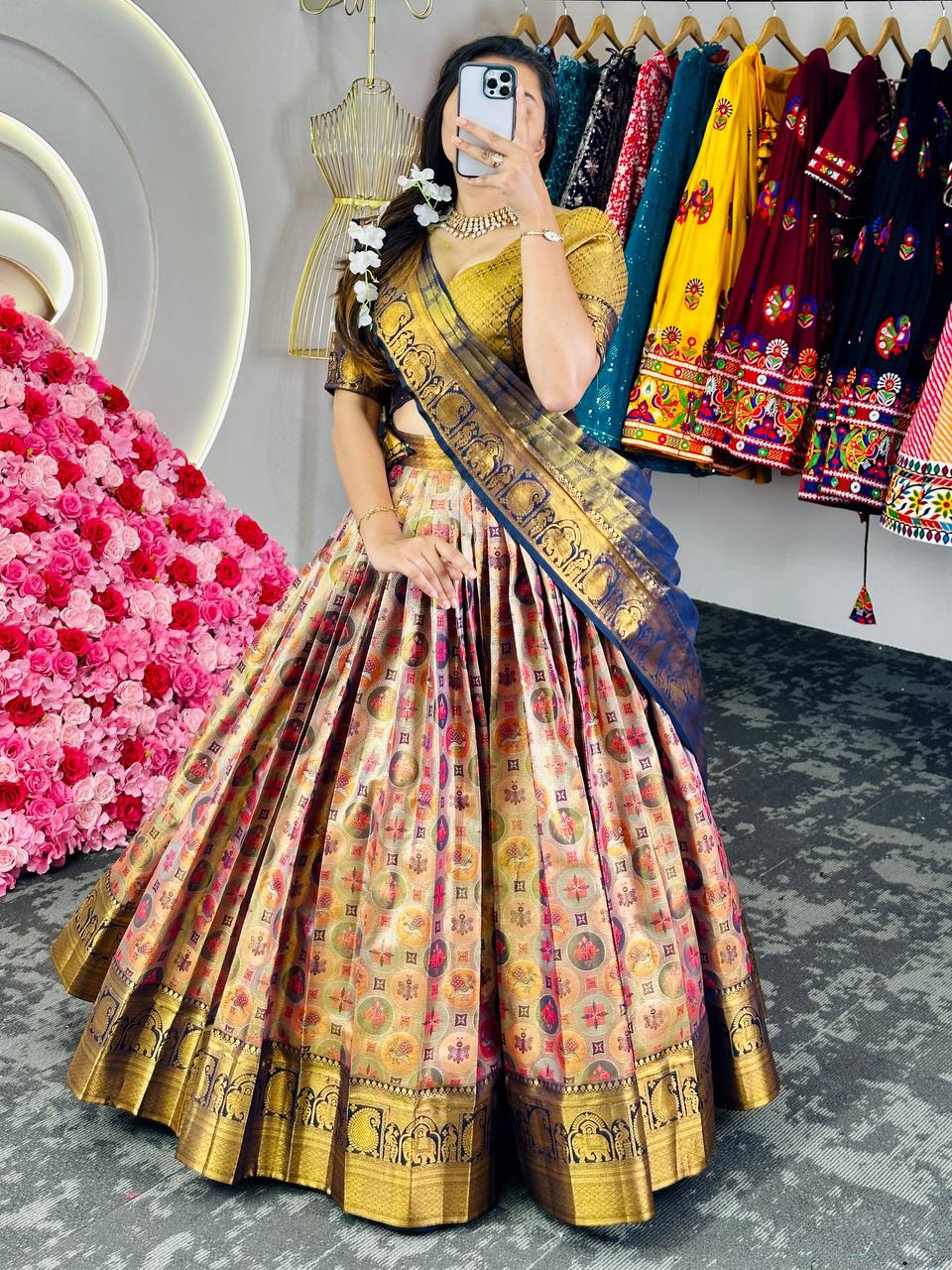 Multi Regal Banarasi Zari Silk Semi-Stitched Lehenga Choli Set with Dupatta ClothsVilla