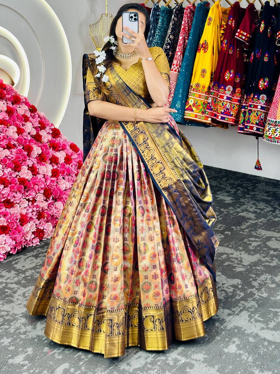 Multi Regal Banarasi Zari Silk Semi-Stitched Lehenga Choli Set with Dupatta ClothsVilla