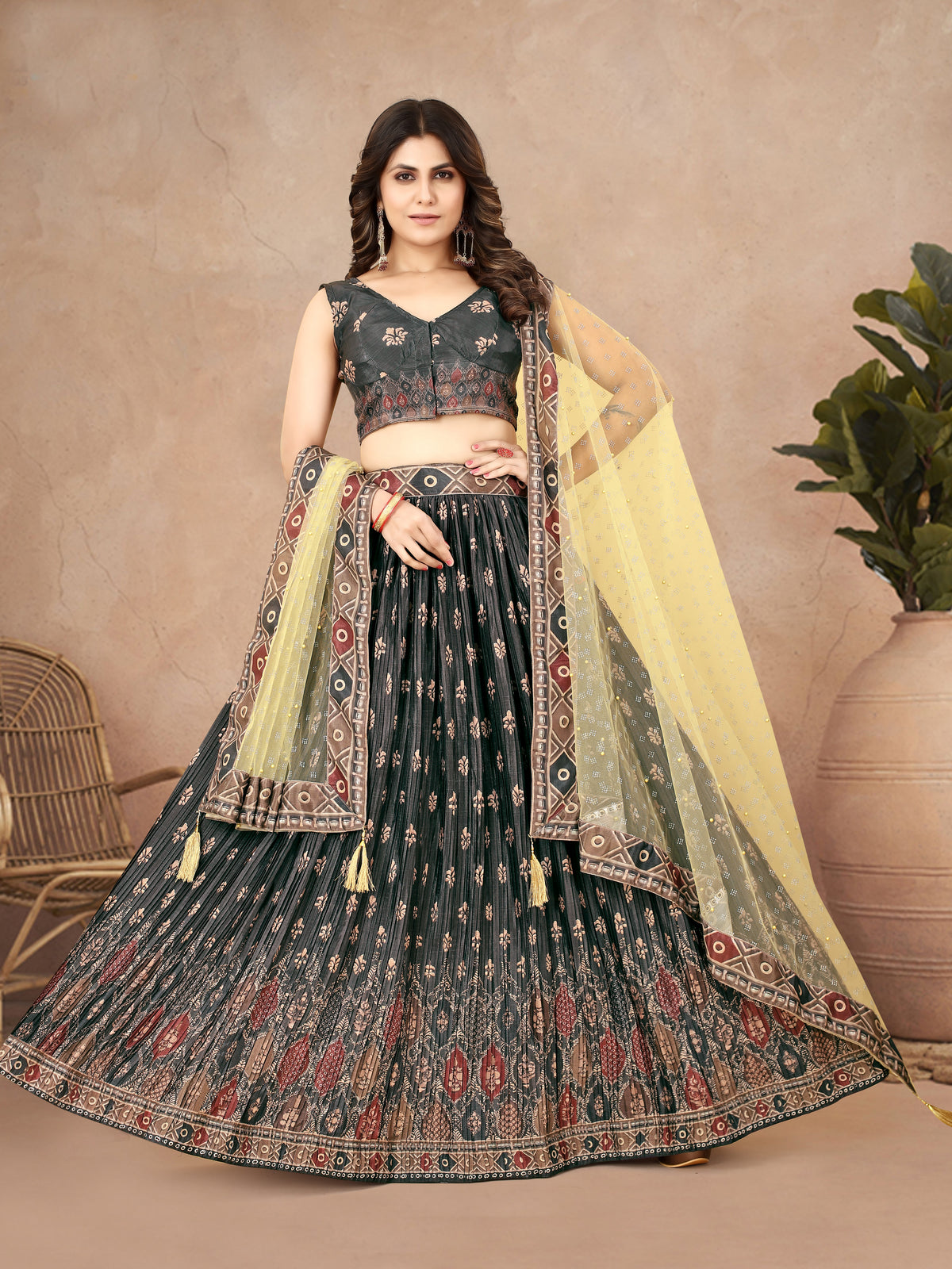 Multicolor Ajrakh Lehenga Choli with Heavy Digital Print & Crush Work ClothsVilla Main image