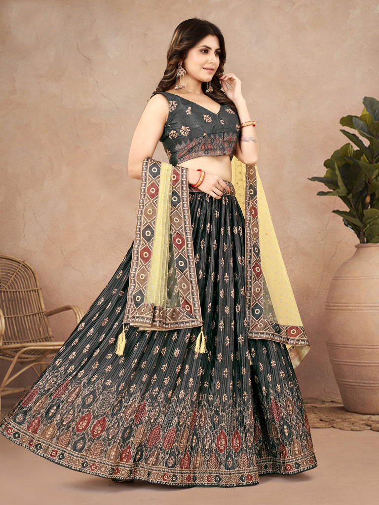 Multicolor Ajrakh Lehenga Choli with Heavy Digital Print & Crush Work ClothsVilla