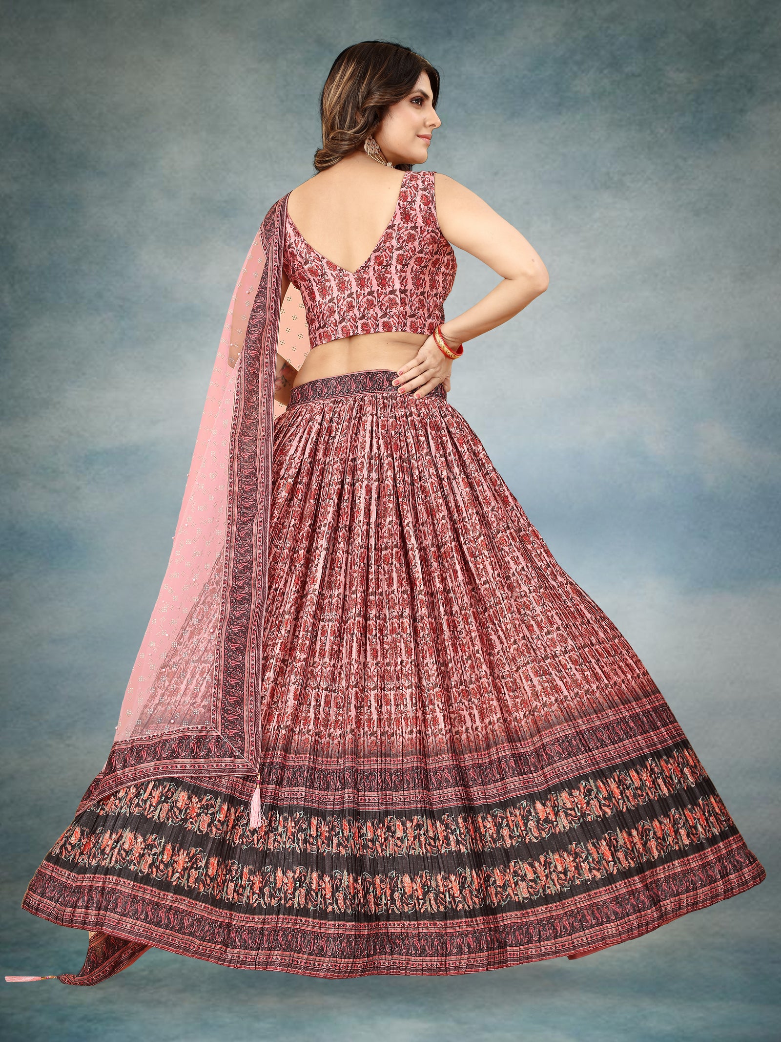 Multicolor Ajrakh Lehenga Choli with Heavy Digital Print & Crush Work ClothsVilla
